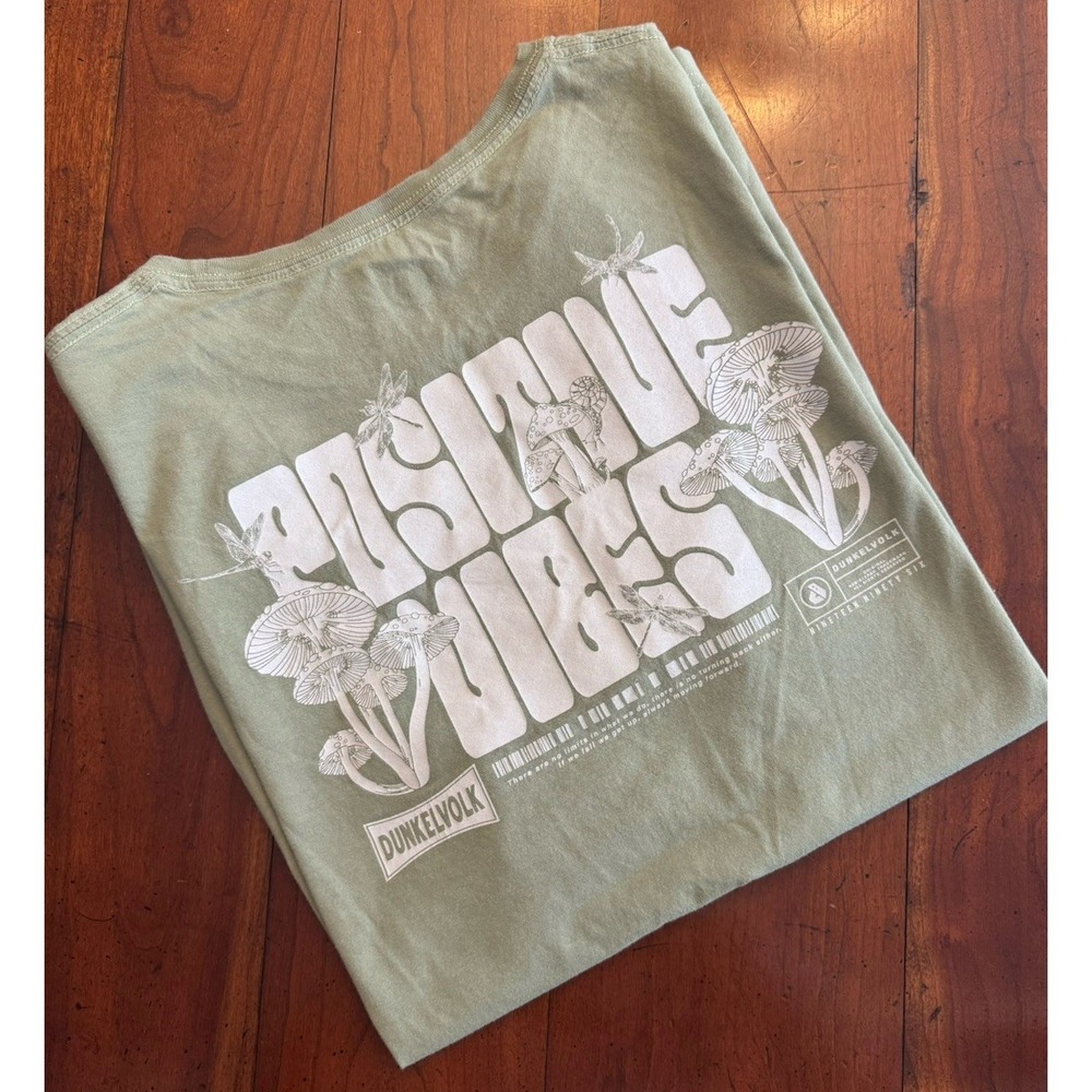 Dunklevolk Positive Vibes Sage Green Mushroom Pima Cotton Tee Shirt Medium